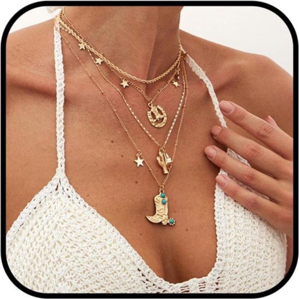 Layered Gold Western Necklace Set 18k gold plated Star Horseshoe Boot Cactus New